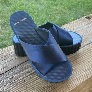 Tory Burch Navy Platform Slide Sandals Criss Cross Straps Womens 9M EUC